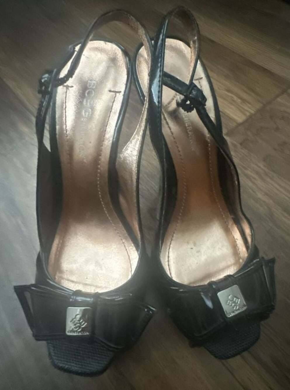 BCBGeneration Black Patent Bow Peep Toe Slingback Heels